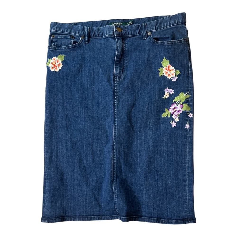 Lauren Ralph Lauren Embroidered Floral Denim Blue Jean Pencil Skirt